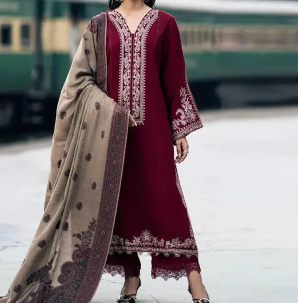 Stunning Maroon Embroidered dhank Suit - 2 Pcs Set with Trouser